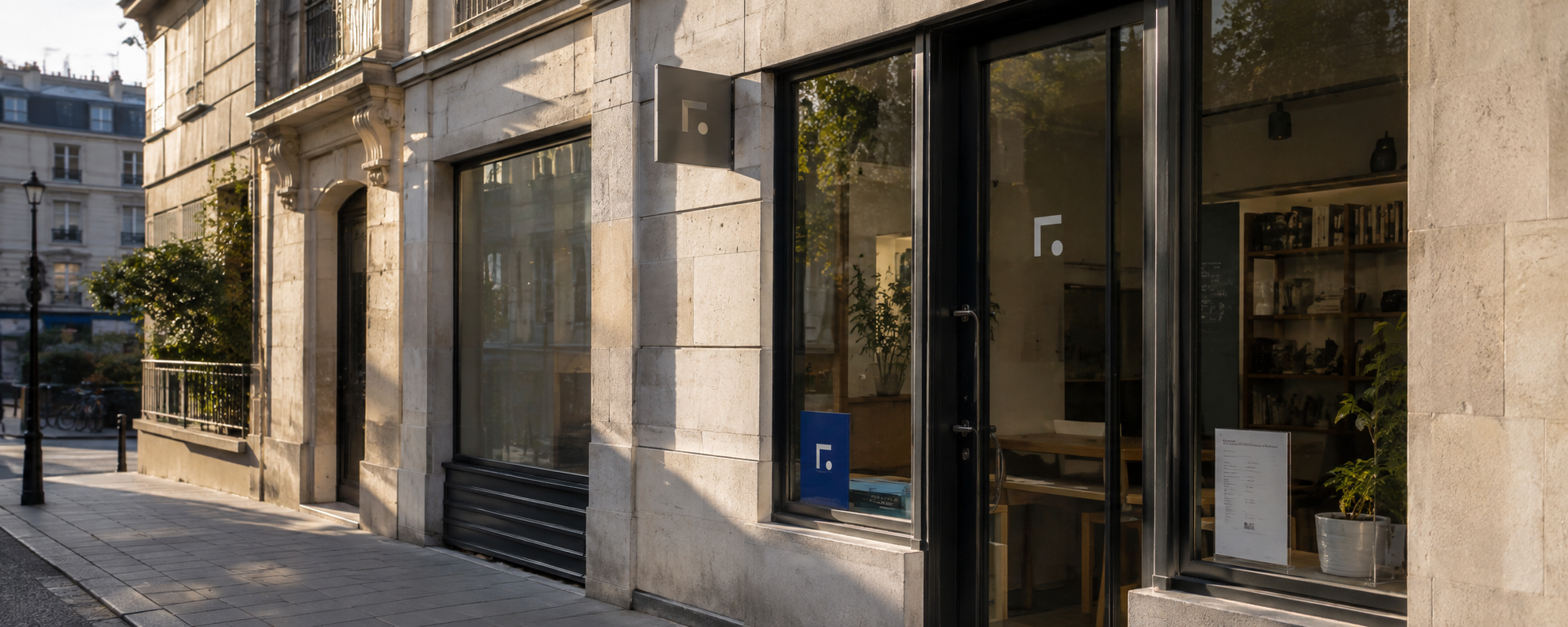 A warmly lit storefront with restrained identity signage facing a city street