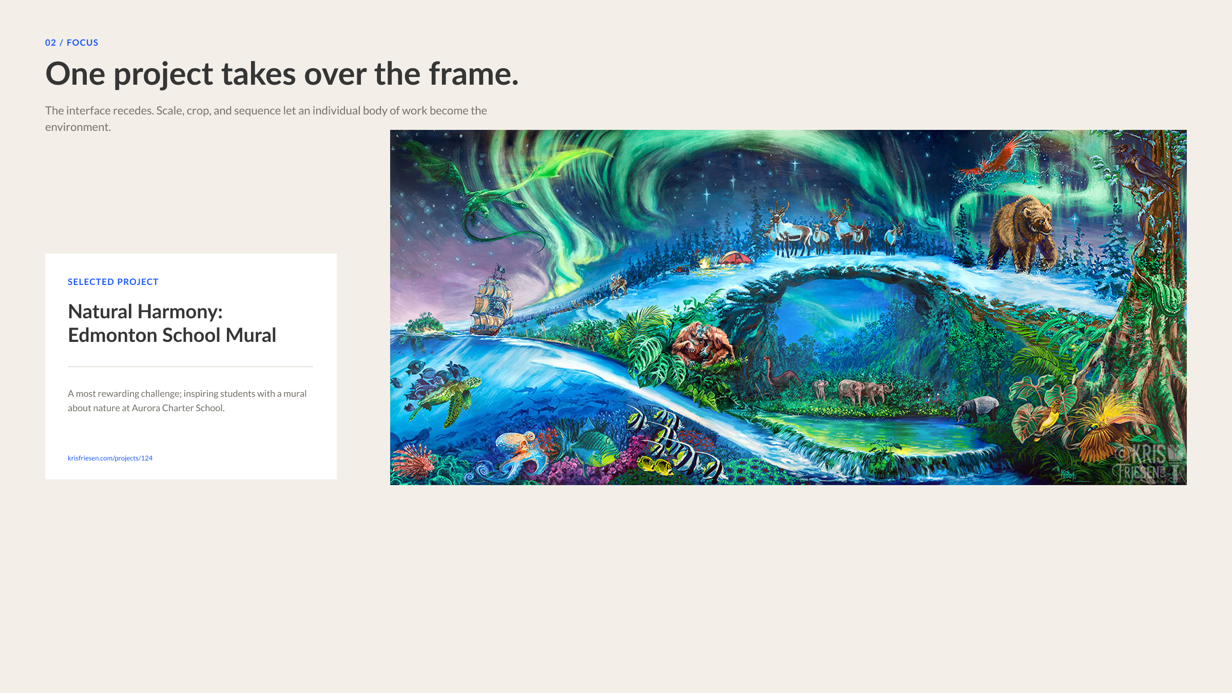 The Natural Harmony school mural occupying most of the presentation beside a restrained project caption.