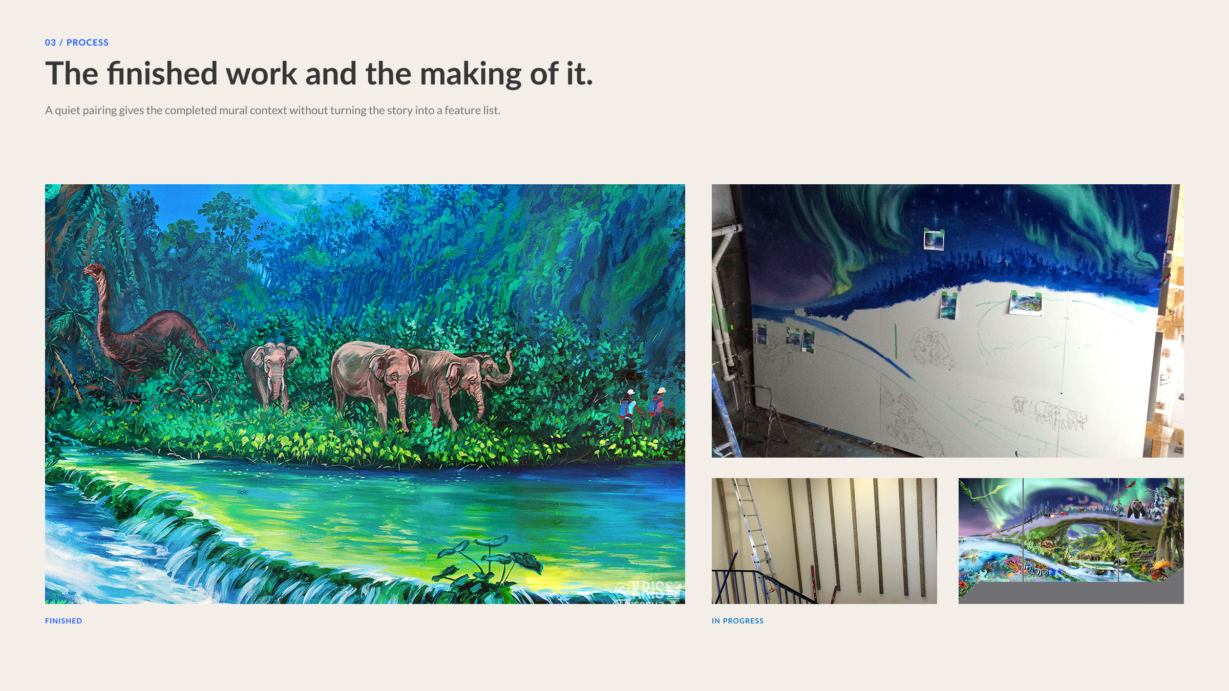 Finished details from the Natural Harmony mural paired with photographs of its painting and installation process.