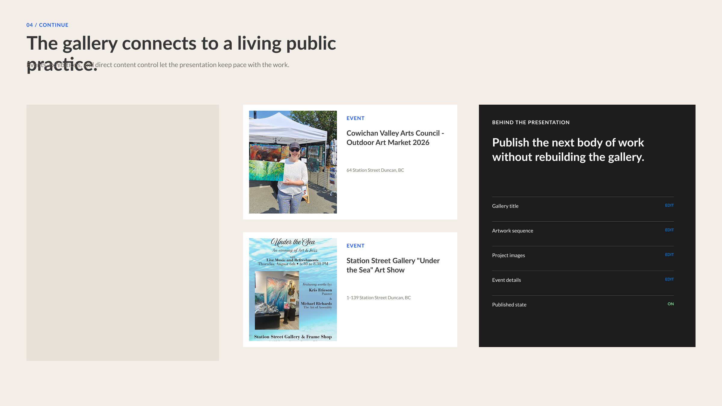 Event listings and a structured content-management panel showing how the gallery supports Kris Friesen’s ongoing public practice.