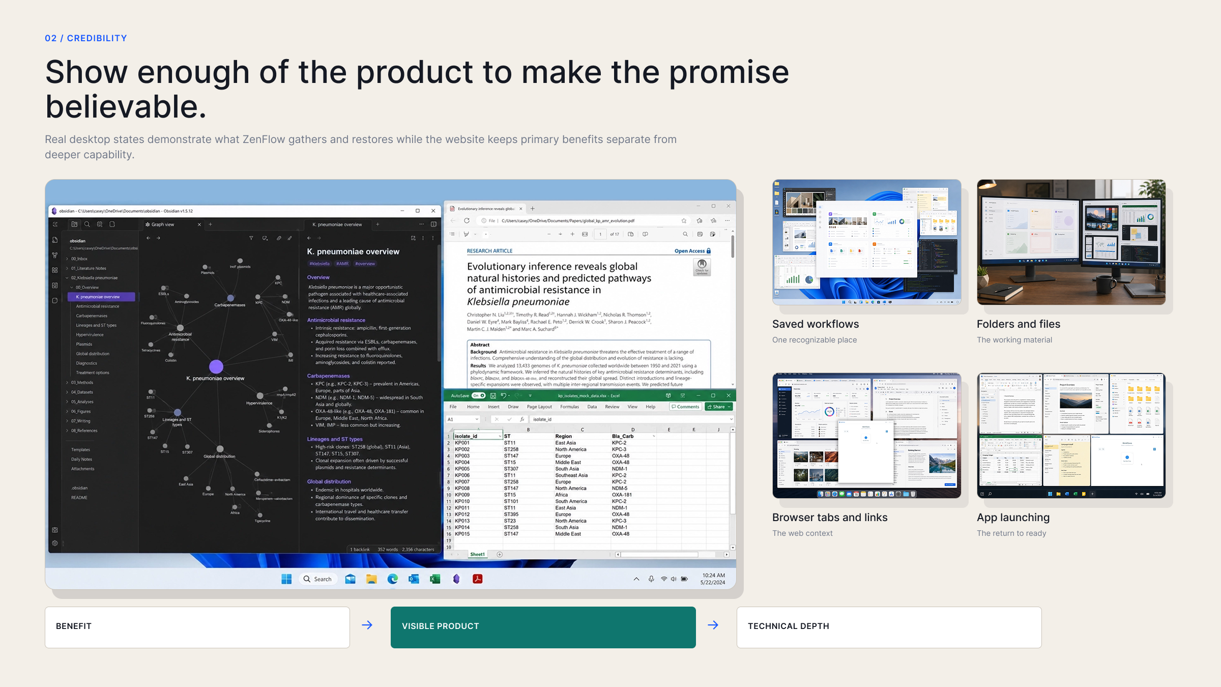 A complete working desktop supported by focused visuals for saved workflows, files, browser context, and application launching.