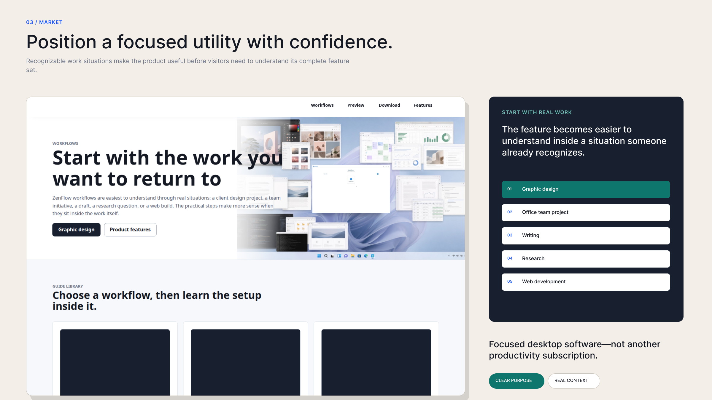 ZenFlow’s workflow guide library connecting the product to graphic design, office, writing, research, and development contexts.