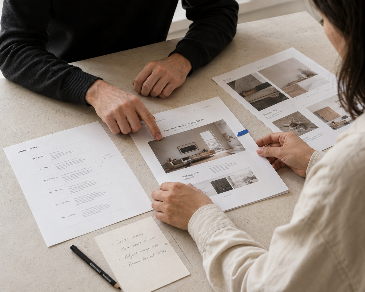 Two people reviewing website layouts and written feedback together